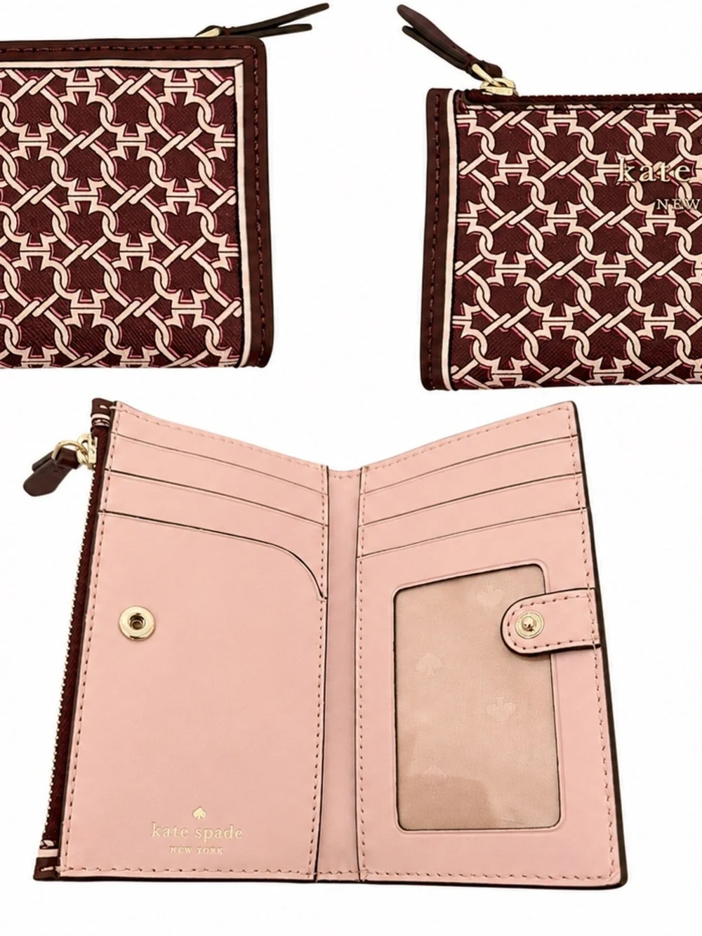Kate Spade Pink and Burgundy Spade Link Printed Zip Wallet